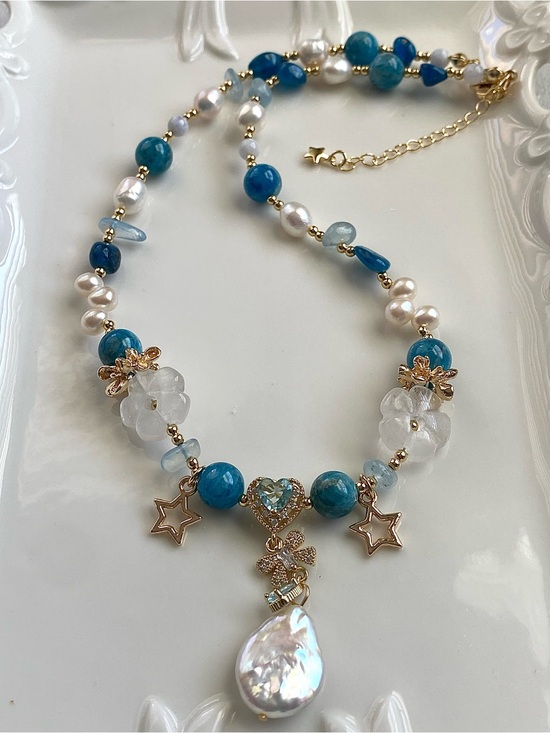Hand Crafted Jewelry - GP71-Handcrafted Apatite And freshwater Pearl Necklace